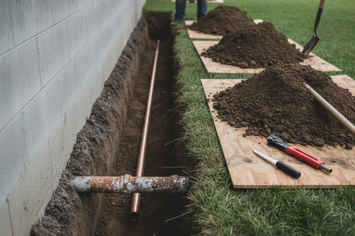 Excavated water line trench during Water Heater Repair in Moulton